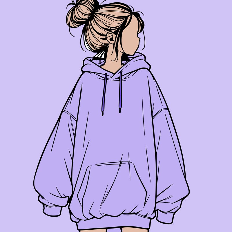 realistic girl with a oversized sweatshirt on and a bun