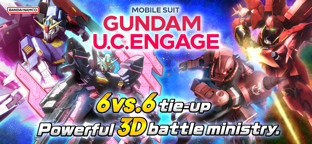 MOBILE SUIT GUNDAM U.C. ENGAGE - Mobile Suit Gundam U.C. Engage promotional banner featuring 3D mobile suits and 6 vs 6 battle text