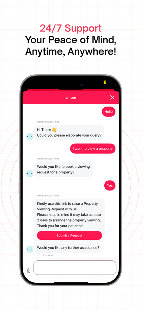 Amber: Student Housing & Apt - Amber app screenshot showing a 24/7 support chat interface for student housing property viewing requests.