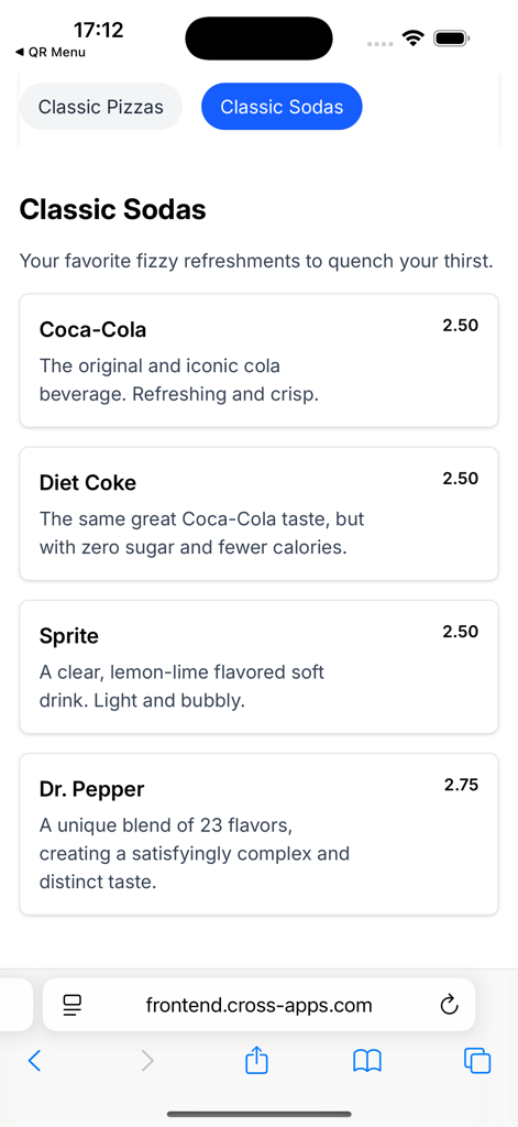 Visualización de menú digital de restaurante que muestra una lista de refrescos clásicos con precios y descripciones