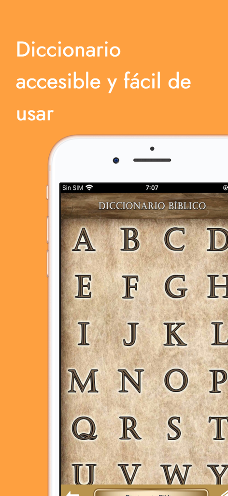 Diccionario Bíblico y Bibia - Pantalla de un diccionario bíblico en español con una cuadrícula alfabética para una búsqueda fácil sobre un fondo de pergamino