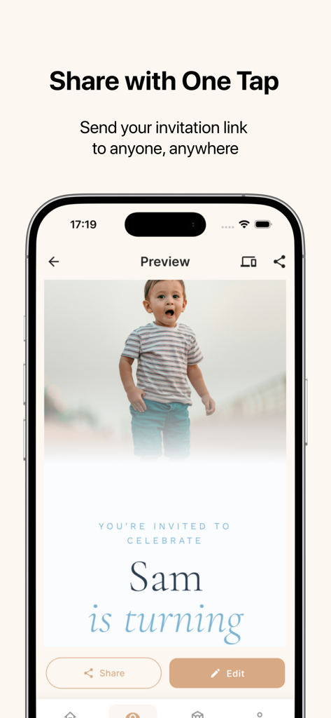 Invites — AI Invitation Maker - Preview of a personalized digital birthday invitation on a smartphone with options to share and edit.