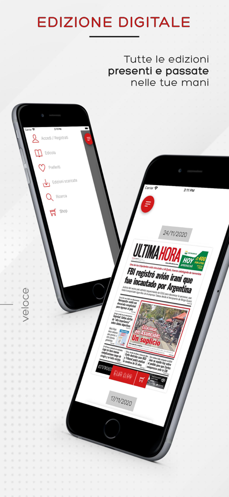 Kiosco UH mobile app interface showing the digital edition of Ultima Hora newspaper and a navigation menu