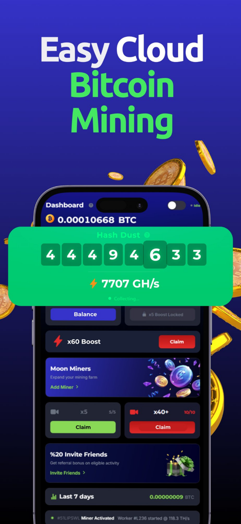 Bitcoin Mining: Cloud Miner - Easy Cloud Bitcoin Mining app dashboard showing hashrate and btc balance.