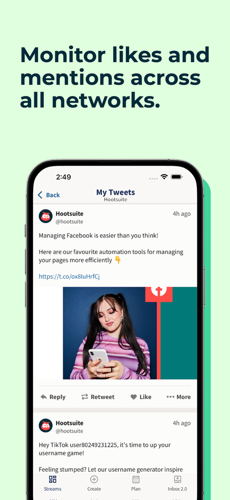 Hootsuiteモバイルアプリのインターフェースに、プラットフォーム全体での言及とエンゲージメントを監視するためのソーシャルストリームが表示されている