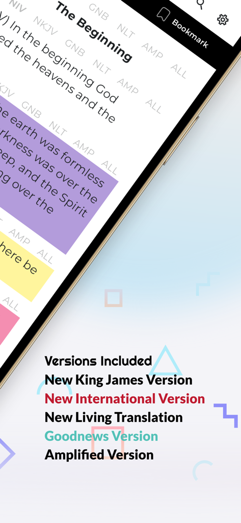 Multiversion Bible App Offline - Interfaz de la Biblia Multiversión que muestra múltiples traducciones de la Biblia y funciones de resaltado de versículos.