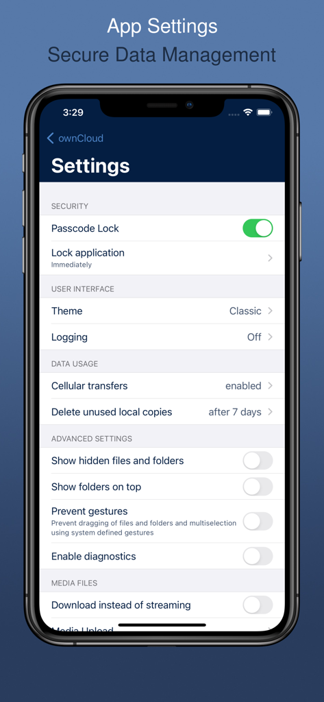 Pantalla de configuración de la aplicación ownCloud mostrando opciones de seguridad y gestión de datos en un iPhone.