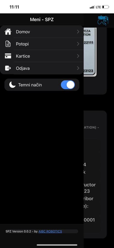SPZ App - Sidebar menu of the SPZ scuba diving app for managing dive logs and digital cards.