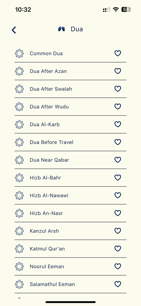 Interface de aplicativo móvel mostrando uma lista de Duas islâmicas, incluindo orações para viagem e após o Azan