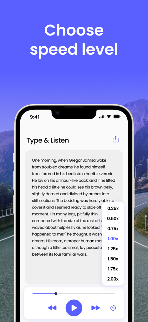 Tpeech: Read Text Aloud & TTS - Tpeech app interface showing adjustable playback speed options for text to speech
