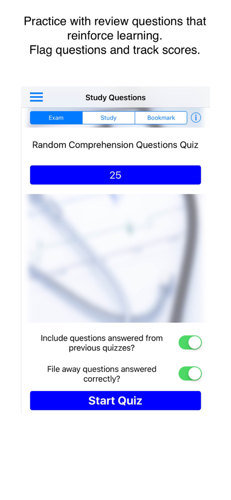 Case Files Medical Ethics app screen showing quiz setup with study and exam modes