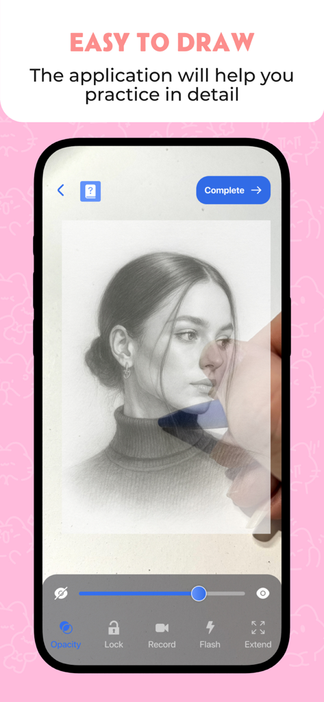 User using Artflow AR technology to trace a detailed woman portrait on paper