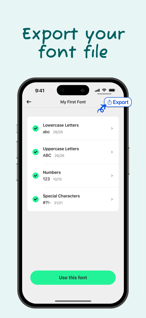 Interface of Font Maker app showing the export screen with options to save a custom handwriting font as a ttf file.