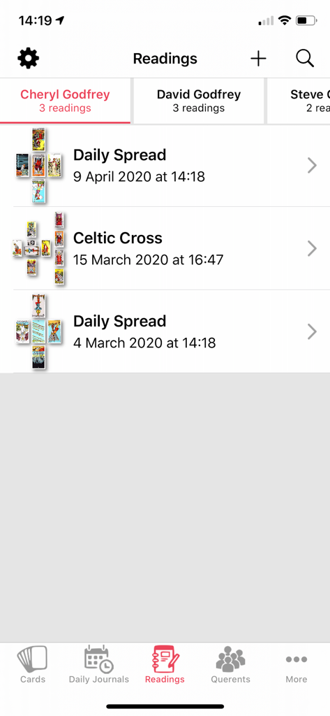 Tarot Journal app interface showing a list of saved tarot readings and card spreads for a specific user