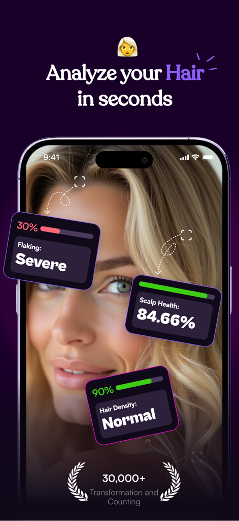 Strand - AI Hair snap Analysis - Interface of the Strand app showing AI analysis of hair health, scalp condition, and density on a user photo.