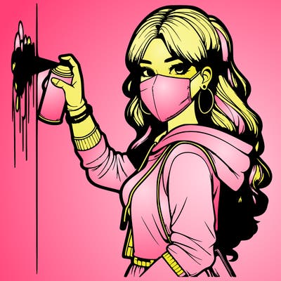 realistic girl with mask spray painting a wall