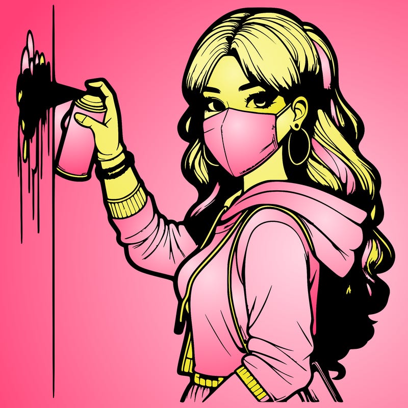 realistic girl with mask spray painting a wall