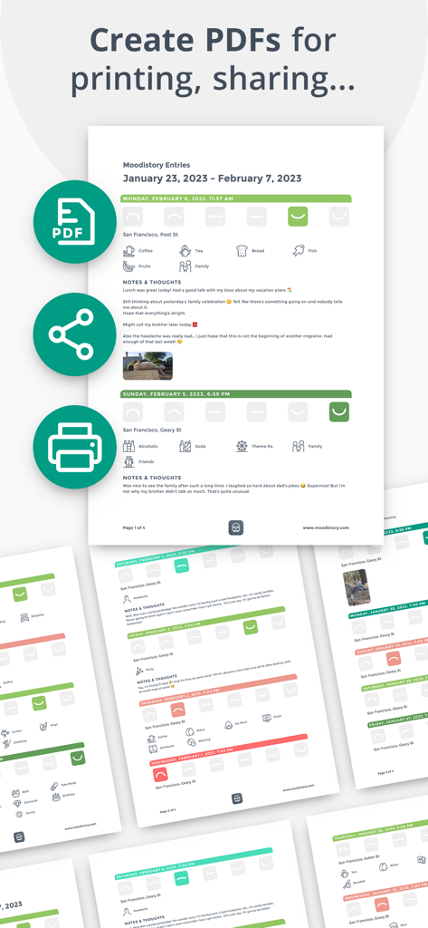 Emotion Tracker: Moodistory - Moodistory app interface showcasing the PDF export feature for mood tracking journals and activity reports