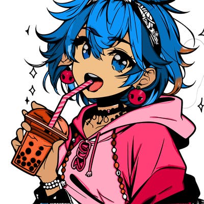 hot baddie anime girl drinking boba and biting the straw