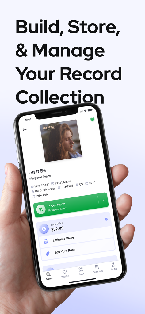 Vinyl record collection management app showing album details and pricing