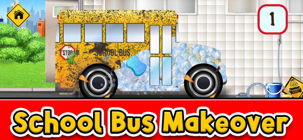 Little Car Wash: Vehicle Game - Cleaning a dirty yellow school bus with a soapy sponge in a car wash game