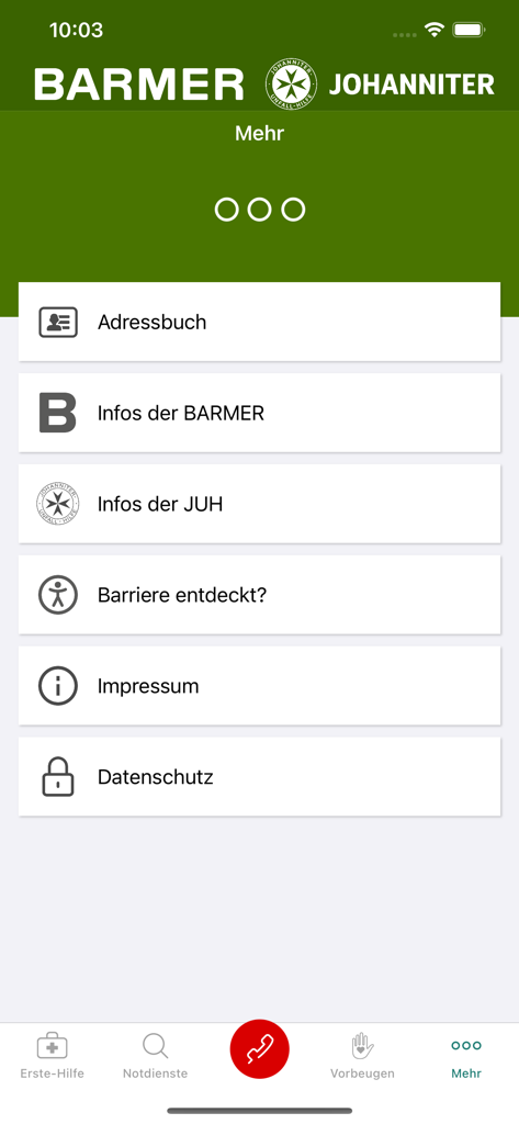 Kindernotfall-App - O menu de mais opções do aplicativo Kindernotfall mostrando configurações e informações legais.