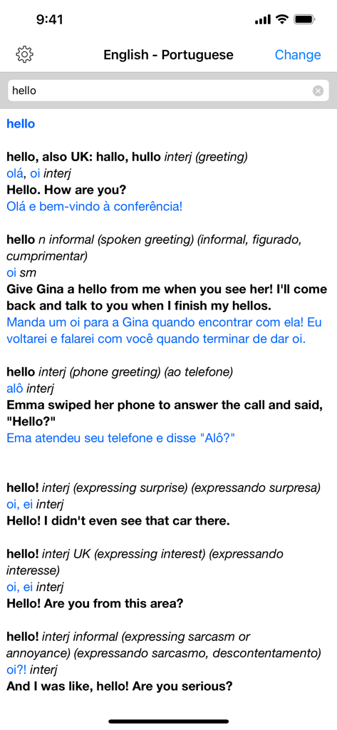 アプリ内の文脈例を含む、単語「hello」の英語からポルトガル語への翻訳結果