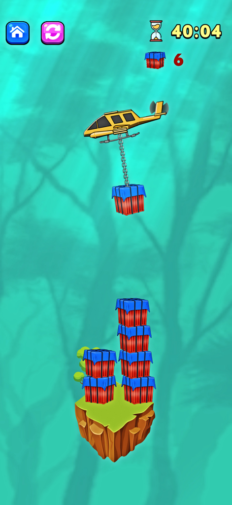 Fun Mini Games: No WiFi - Um helicóptero amarelo empilhando caixas de carga em uma ilha flutuante no minijogo Helicopter Drop