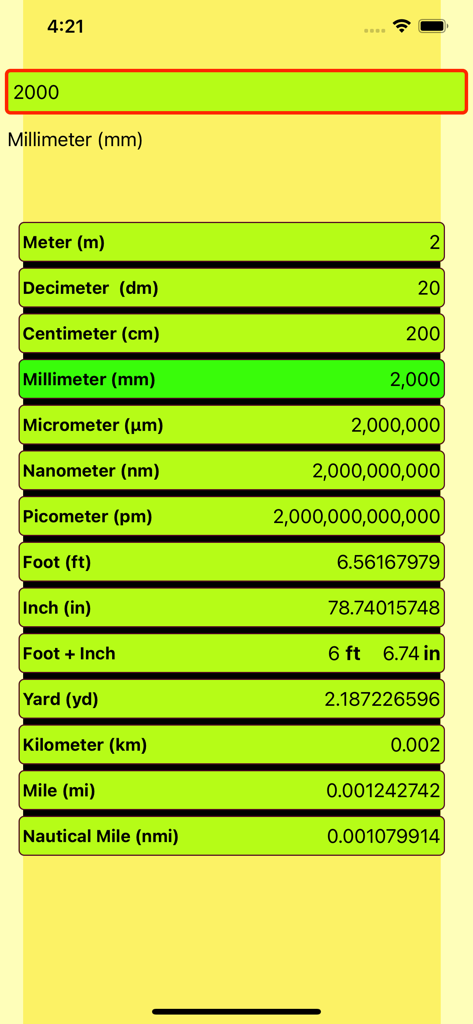 Length Conversion - Längenkonvertierungs-App, die 2000 Millimeter in Fuß und Zoll umrechnet