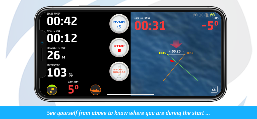 Tactiqs sailboat racing app interface showing race start timer and distance to line metrics
