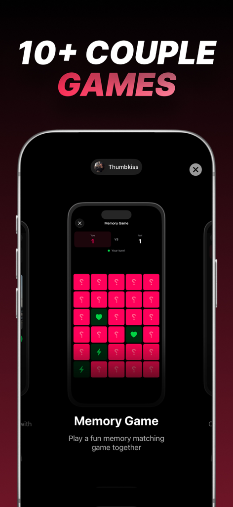 Thumbkiss: Couple Touch - A screen showing the memory matching game for couples within the Thumbkiss app.