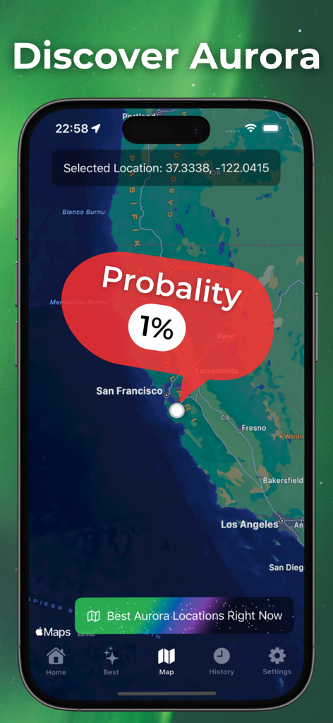 Smartphone screen displaying a northern lights probability map over San Francisco