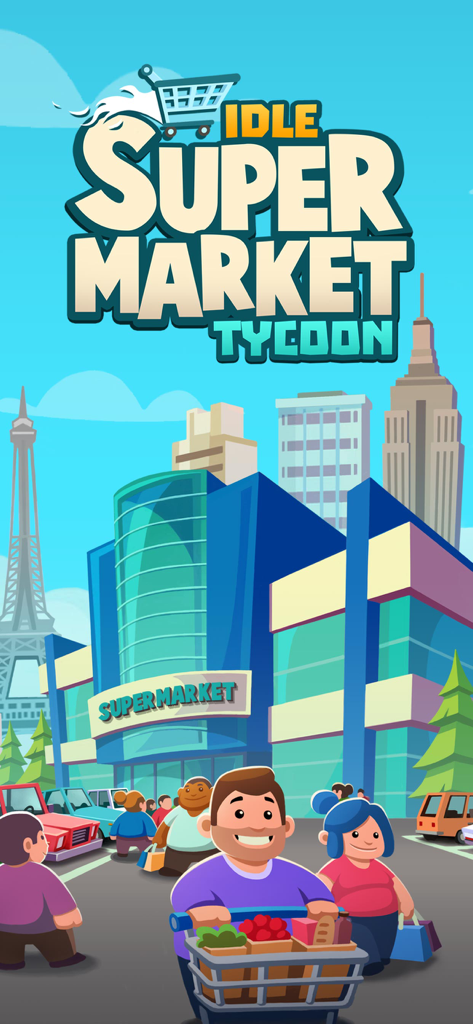 Idle Supermarket Tycoon - Shop - Arte promocional de Idle Supermarket Tycoon que muestra un gran supermercado moderno con clientes felices y carritos de compras.