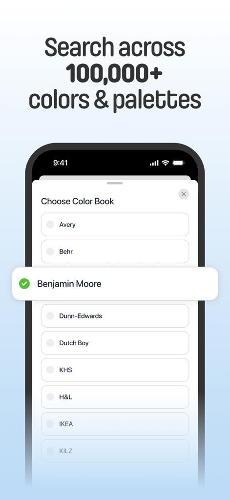 Interface of MatchPaintColor app showing a list of paint brands like Behr and Benjamin Moore for color matching