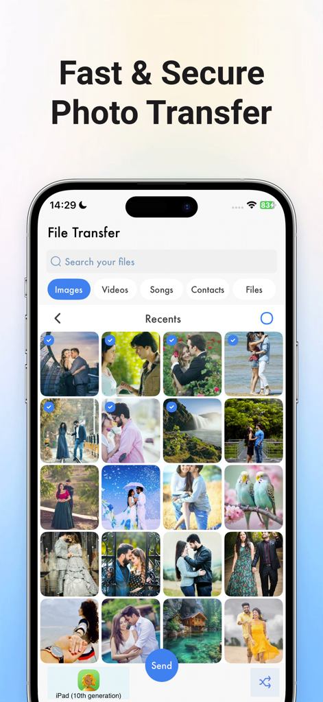 Smartphone screen showing the File transfer app with a photo gallery selected for sharing
