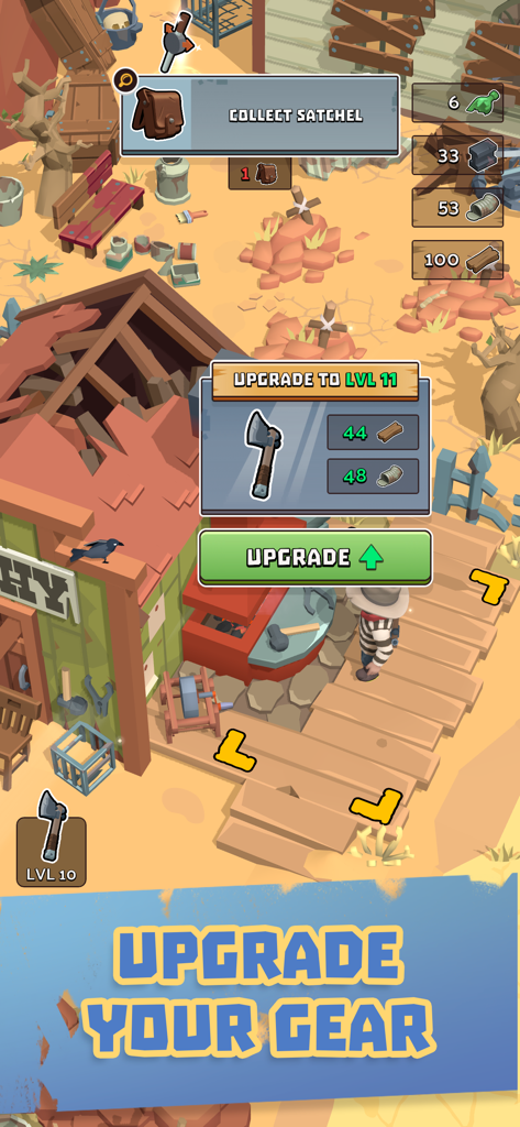 West Escape - Menu d'amélioration d'équipement pour une hache dans le jeu mobile West Escape