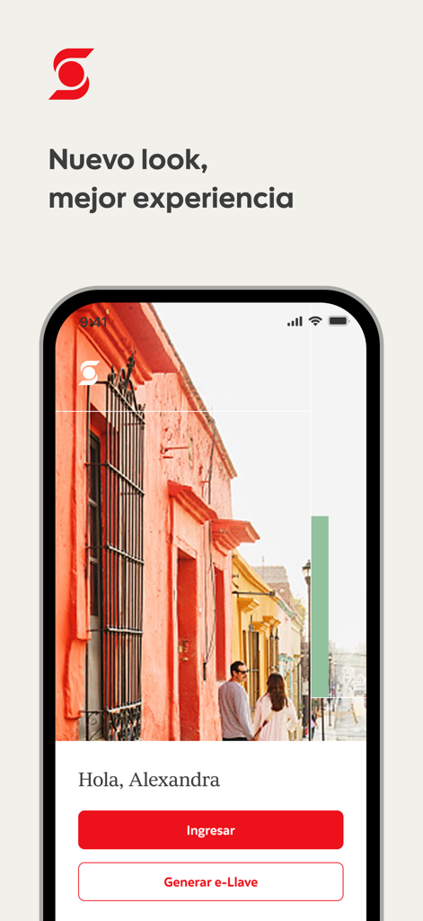 ScotiaMóvil MX - Welcome screen of the ScotiaMóvil MX mobile banking app showing a login prompt with a scenic Mexican background