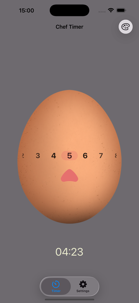 Interfaz de la aplicación Chef Timer que cuenta con un temporizador de cuenta regresiva en forma de huevo para cocinar