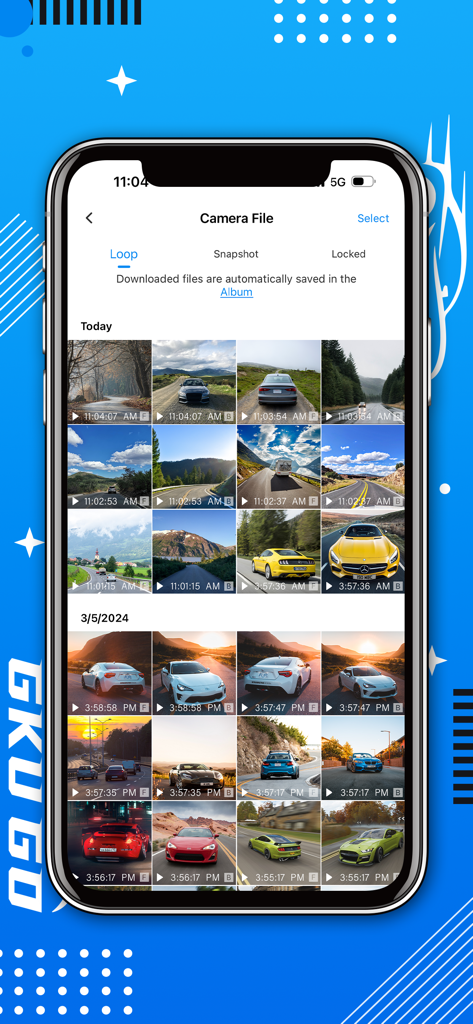 GKU GO - Interfaz de la aplicación GKU GO mostrando una galería de vídeos y capturas de pantalla grabadas por la dash cam, organizadas por fecha