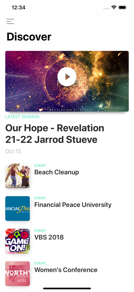 Church by MinistryOne - Discover feed in the Church by MinistryOne app featuring a sermon video and upcoming church events