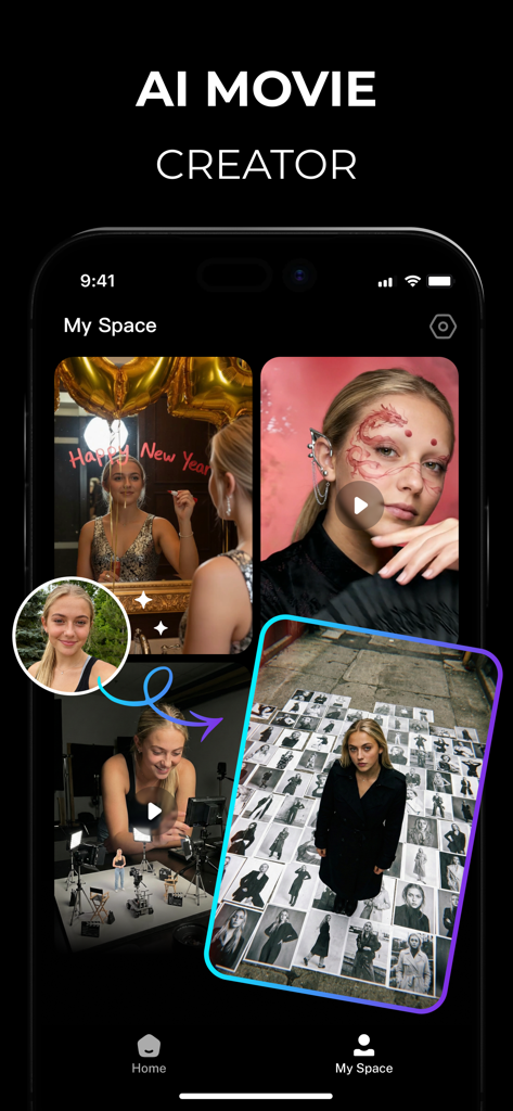 Movia AI: Photo to Video Maker - La galería Mi Espacio en la app Movia AI mostrando varias animaciones de fotos de alta calidad.