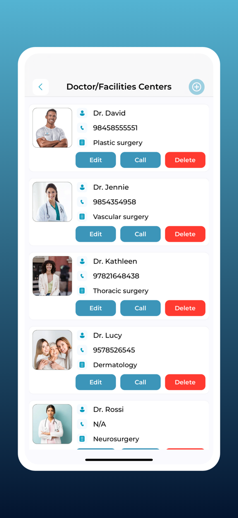 A list of medical doctors and specialists with their contact information in the MY JOURNAL MED app