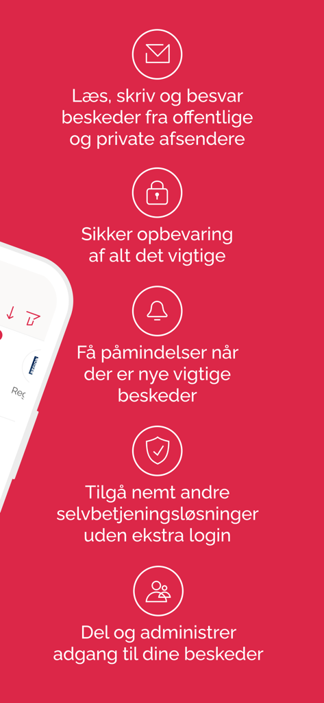 mit.dk - Elenco delle funzionalità chiave dell'app mit.dk, inclusi messaggistica sicura, archiviazione e notifiche su sfondo rosso