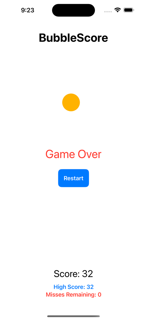 BubbleScore - BubbleScore game over screen with high score results and restart button