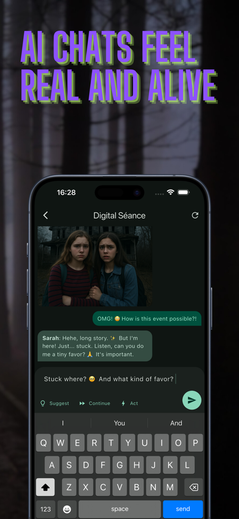 Uma tela de smartphone mostrando uma história de chat de terror com IA interativa intitulada Sessão Espírita Digital com uma conversa e imagem de personagem