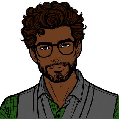handsome man with curly hair, beard and glasses