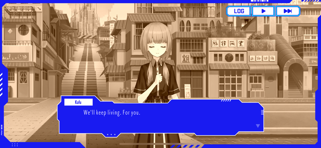 KAMITSUBAKI CITY ENSEMBLE - A story cutscene in Kamitsubaki City Ensemble featuring the character Kafu standing in a sepia-toned urban street with a dialogue box.