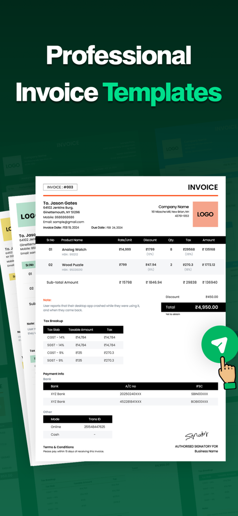 A professional digital invoice template with itemized billing, taxes, and payment information.