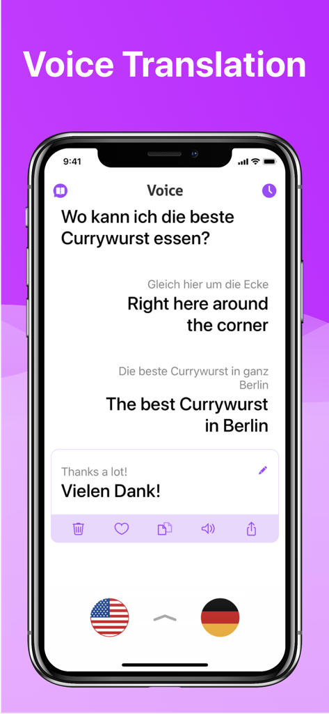 Interfaz de la aplicación iTranslate Voice mostrando una conversación de traducción de voz entre alemán e inglés
