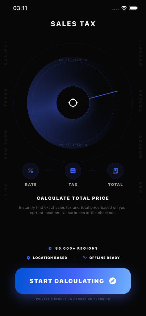 Sales Tax Calculator & Rates - La schermata di avvio dell'app Calcolatrice Tasse di Vendita con un grande pulsante di avvio e funzionalità fiscali basate sulla posizione.
